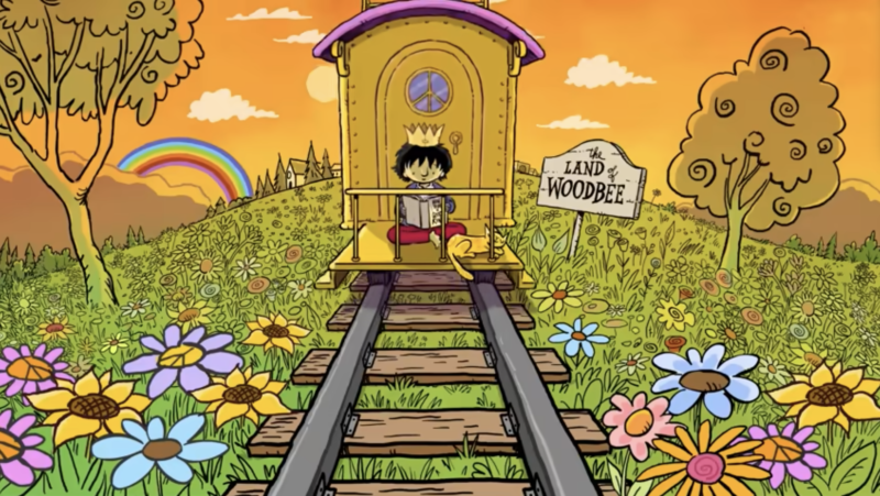 Little boy with a crown, reading a book, sitting on the back of a train heading into the sunset, towards distant tree-lined houses and a rainbow, with his curled up cat companion, in the Land of WoodBee, flourishing with trees and flowers. 